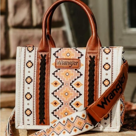 Wrangler Aztec Tote Bag Women's Boho Shoulder Purse Western Handbag Brown Canvas - Picture 13 of 13
